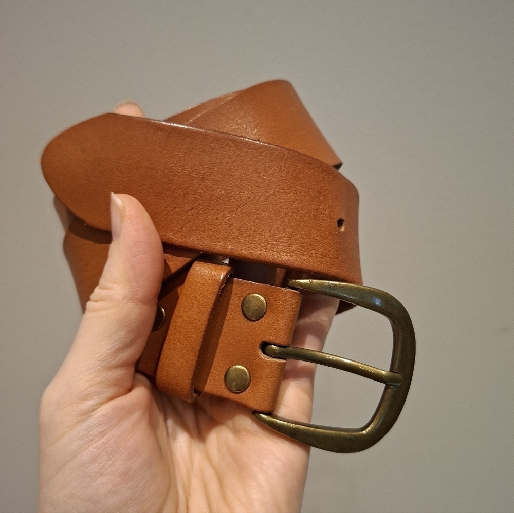 H&M Women's Wide Tan Leather Belt with Brass Buckle & Studs (Size XS)